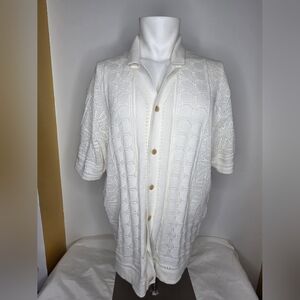 Free Planet Size L Men's Elegant White Knit Cardigan Shirt Buttom Up